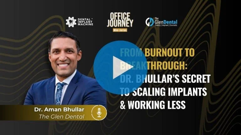 Office Journey Mini-Series Episode 2 follows Dr. Aman Bhullar's transformation from burnout to breakthrough in his dental implant practice. Learn how he discovered key strategies to scale his practice while working fewer hours, creating a better work-life balance and higher profitability.